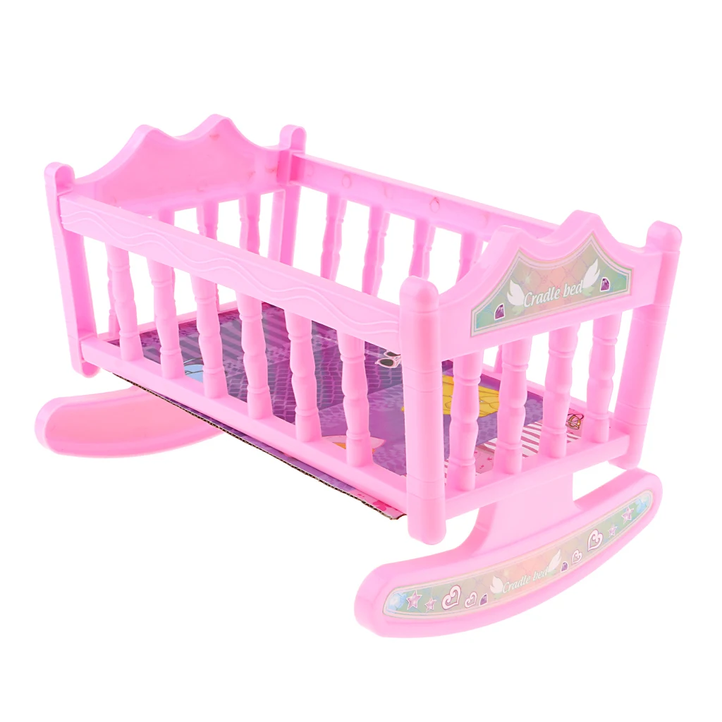 Sweet Plastic Rocking Cradle Crib Bed Baby Doll Cradle Model Bedroom Furniture Accessory for 20cm Dolls Kids Child Toy Pink