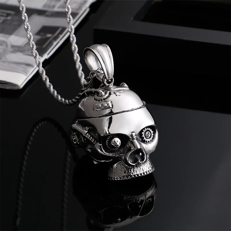 European and American punk rock skull mechanical stainless steel pendant Personality men's domineering titanium steel ghost