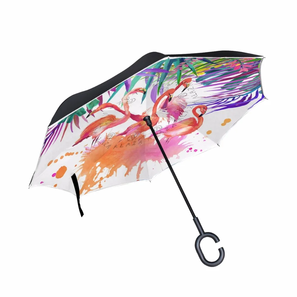 Windproof Reverse Folding Double Layer Inverted Umbrella Flamingos UV Protection Umbrella Self Stand C-Hook Hands for Car