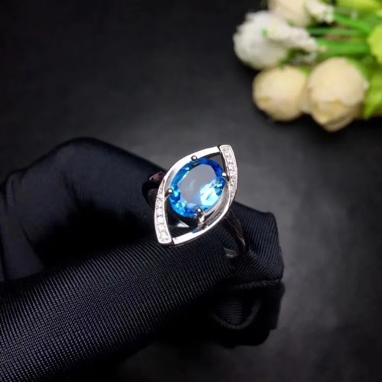 Natural topaz ring Free shipping Finger ring Natural real blue topaz 925 sterling silver ring Luxury style rings  7*9mm Gem