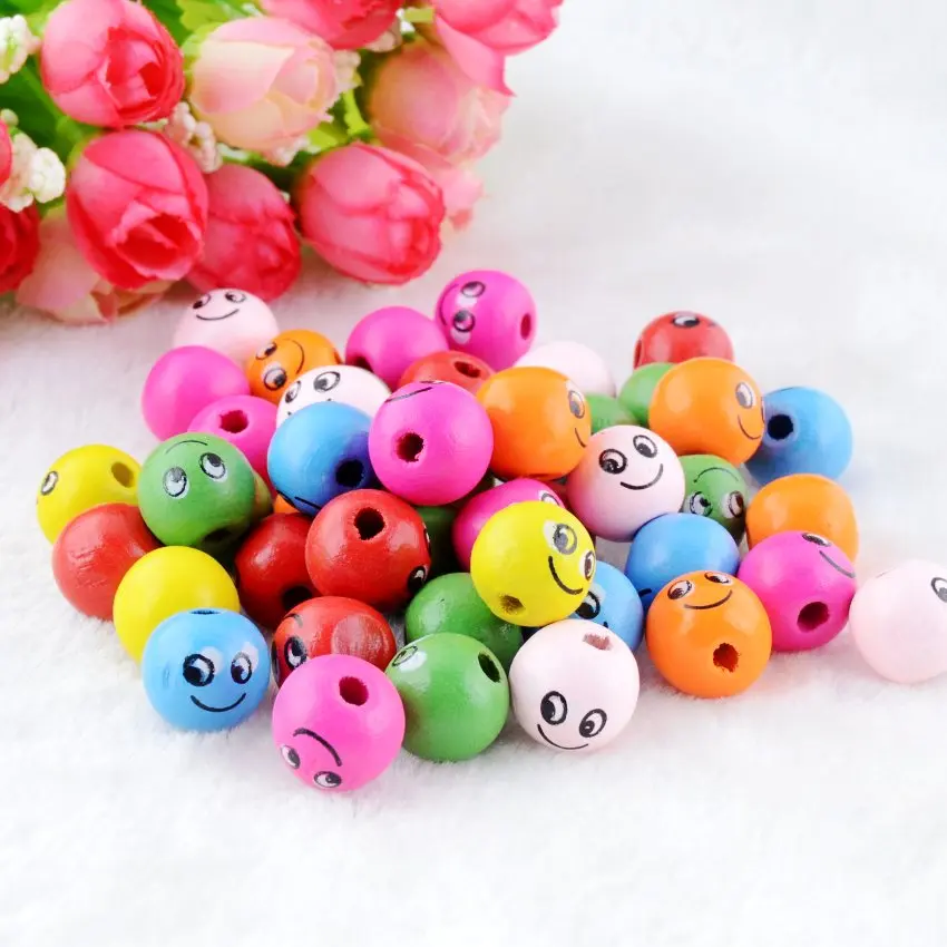 Free Shipping-Wholesale 100pcs Random Mix Smiling Face Wooden Beads Wood Spacer Beads 14mm For Fashion Jewelry Making DIY D3000