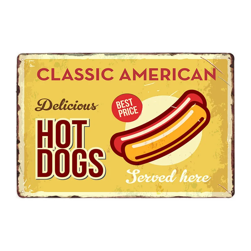 Hot Dogs Retro Tin Sign Hotdog Metal Poster Vintage Plaque Fast Food Hotel Shop Wall Decor 20x30cm