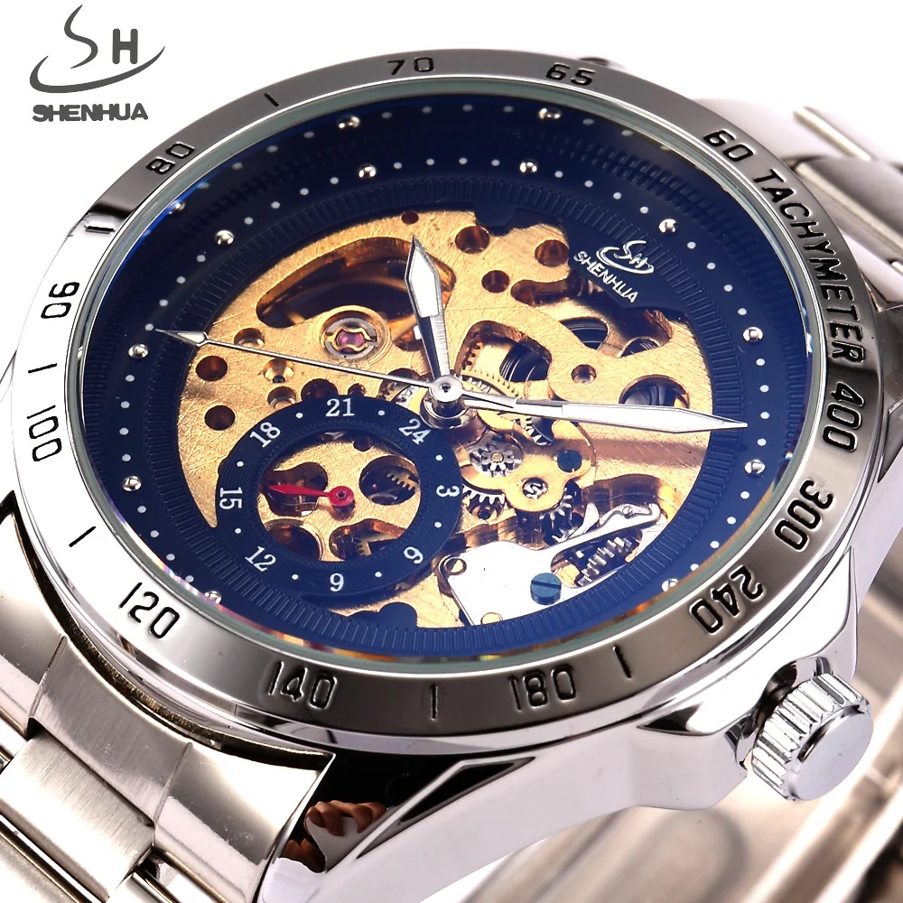 

SHENHUA Luxury Brand Skeleton Automatic Watch Men Mechanical Watches Fashion Black Stainless Steel Wristwatch Relogio Musculino