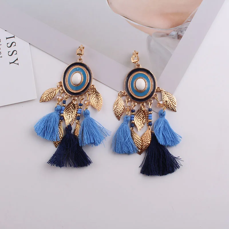 Bohemian Tassel Clip Earrings No Piercing for Women Wedding Party Acrylic Beads Statement Earrings Long Vintage Fringing Jewelry