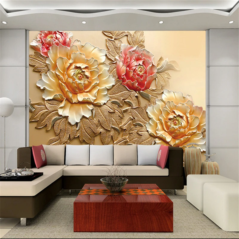 beibehang Wholesale Chinese Style Mural with Peony Flower for Sofa TV Background Living Room Wall Photo Murals Vinyl Embossed