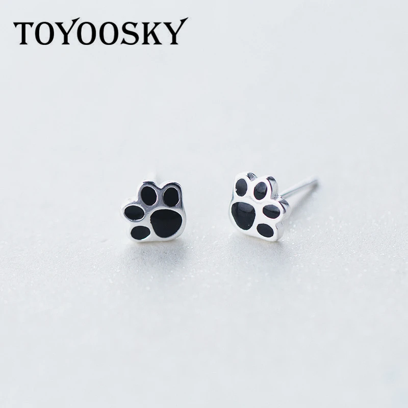 TOYOOSKY Cute Dog Footprints Black Red Stud Earrings 925 Sterling Silver Epoxy Treatment Process Women Fashion Accesories Gift