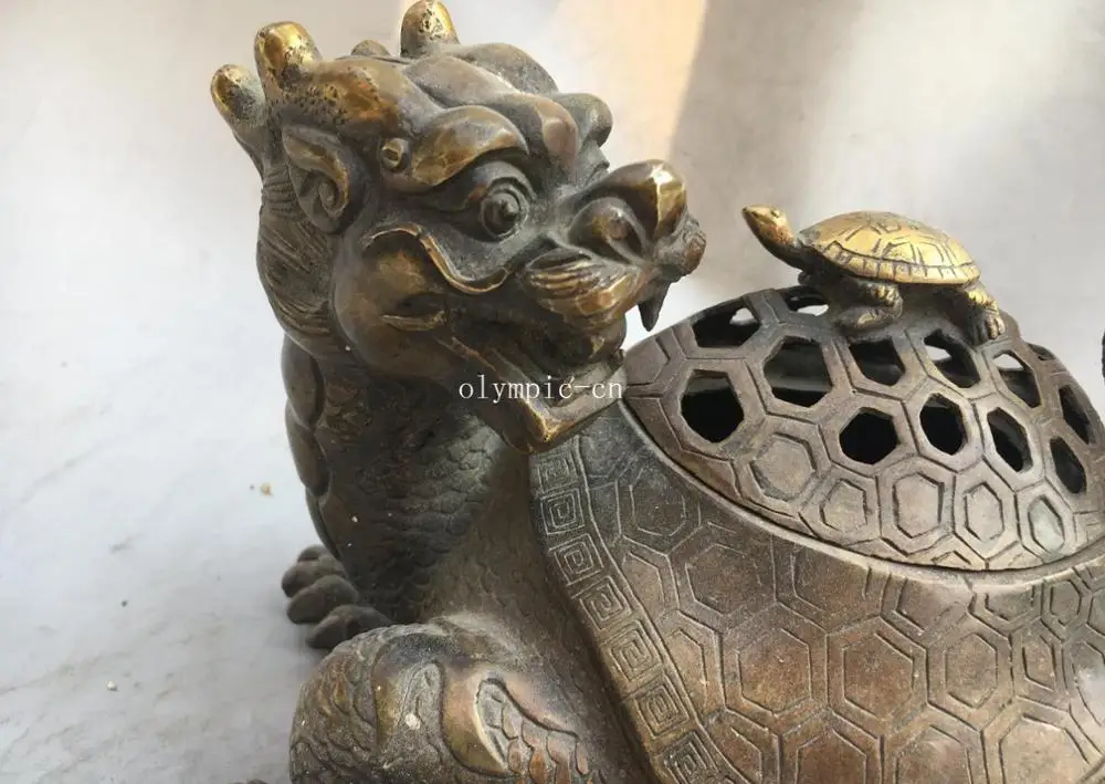 9''copper gild carved home fengshui Dragon Turtle tortoise incense burner censer