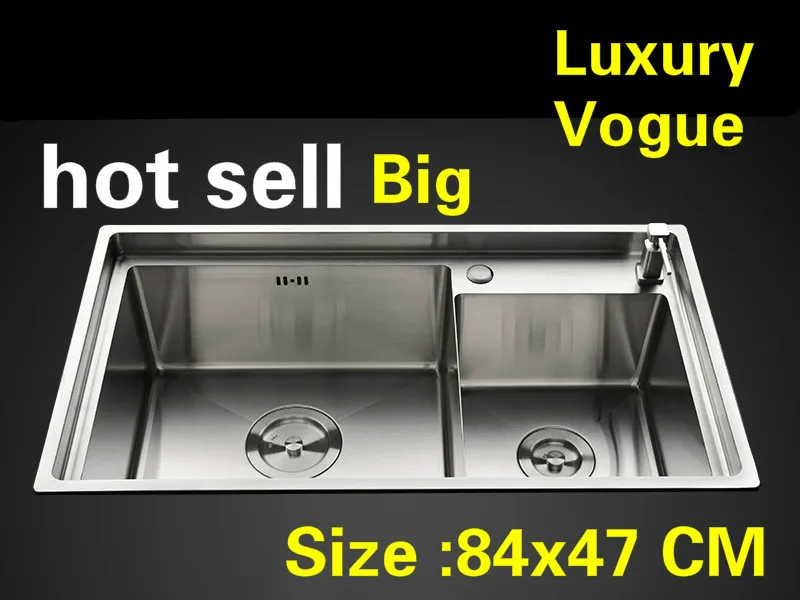 Free shipping Home high quality big kitchen manual sink double groove durable food grade 304 stainless steel hot sell 840x470 MM