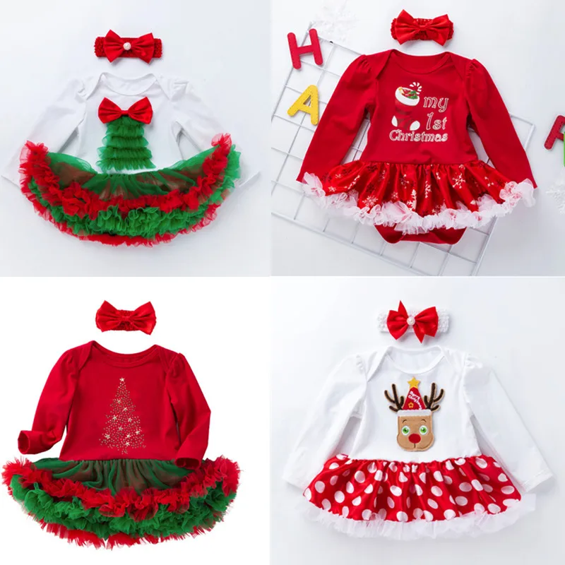 

Hot Sale Baby Girls Christmas Clothes Sets Cute Santa Claus Print Kids Infant Bodysuit with Ruffle Tutu Dress and Bow Headband