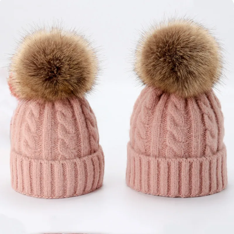 

oZyc Cute Winter Mom Women Baby Kids Crochet Knitted Hat Caps Children Girl Boy Wool Fur Bobble Ball Pompom Beanies Hats