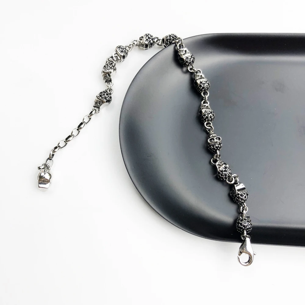 Bracelet Link Chain Skulls Pave with Black Zirconia Pure 925 Sterling Silver Punk Fine Jewelry Rebel Street Gift for Women Men