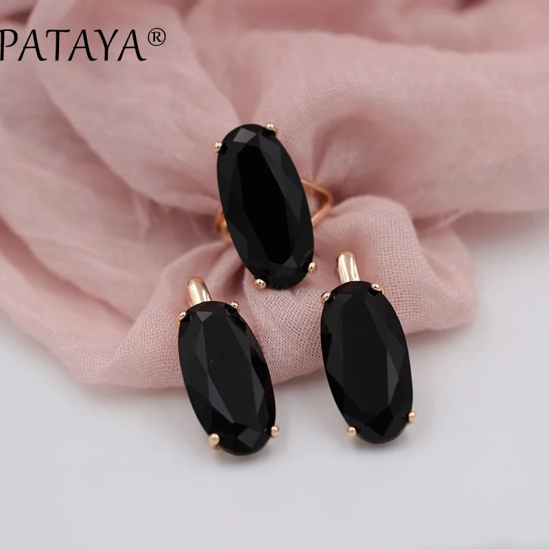 PATAYA New 585 Rose Gold Color Jewelry Sets Oval Artificial Cubic Zircon Big Dangle Earrings Ring Sets Women Vintage Jewelry Set