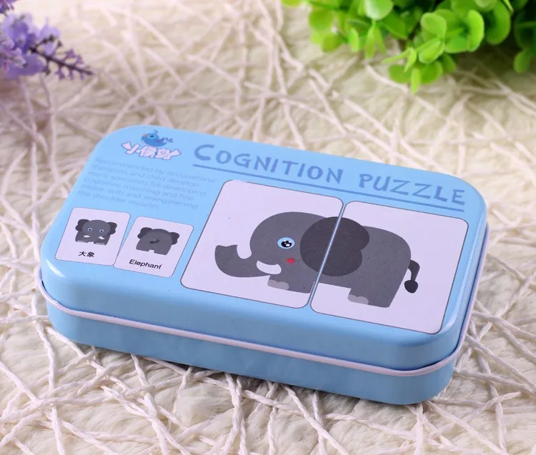 Early Educational Montessori English Fruit Animal Traffic Match Game Puzzle Card Toys for Iron Box Package 3D Puzzle toys