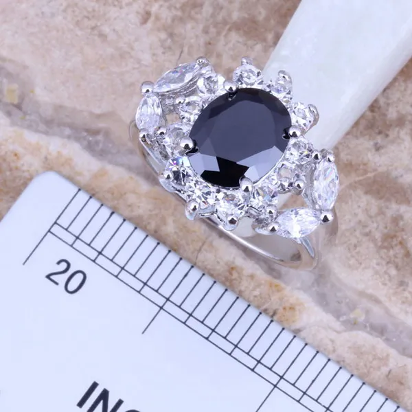 Black Cubic Zirconia White CZ Silver Plated Jewelry Sets Earrings Pendant Ring Size 6 / 7 / 8 / 9 / 10 / 11 / 12 S0038