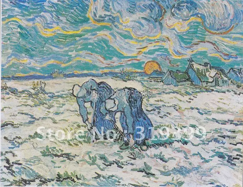 

100% репродукция картины маслом ручной работы, два крестьянские женщины, копание в снегу, покрытое поле в закате, Винсент Ван Гог