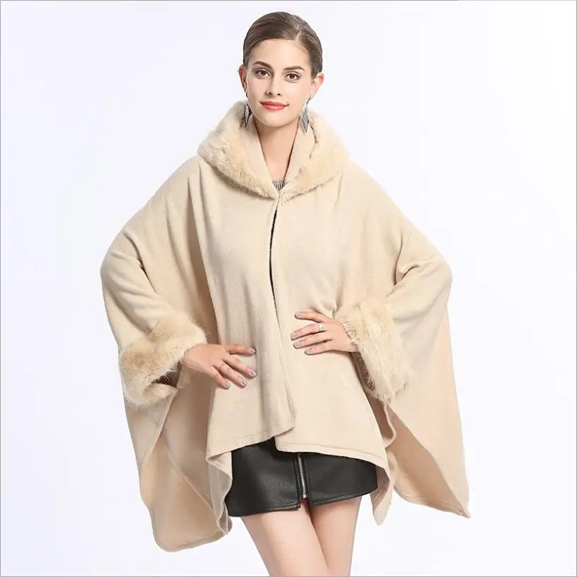 Winter new cape coat large size loose imitation Mink Fur outwear hooded knit cardigan cloak shawl batwing sleeve overcoat L1378