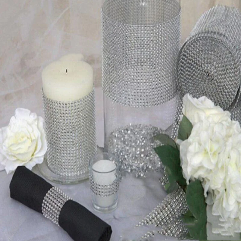 1 yard/90cm wedding cake decoration ribbon bling drill mesh wrap ribbon silver rhinestone sunflower flower plastic plating drill