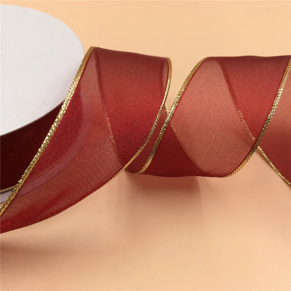 38MM X 25yards Wired Red Sheer Ribbon with Golden Lurex Edges for  gift box wrapping wired edge ribbon N2149