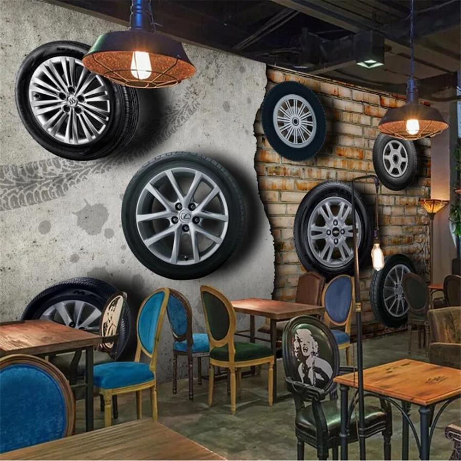 

beibehang Custom wallpaper large 3D solid wall painting retro nostalgic car tires living room brick wall TV background wallpaper