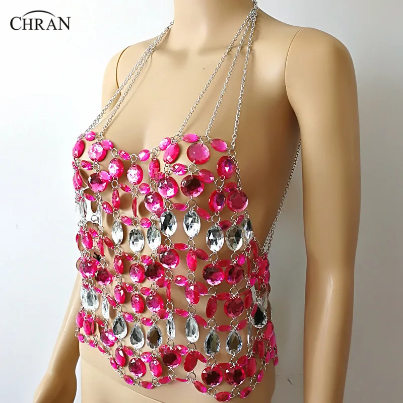 CHRAN Full Body Beads Link Mesh Bra Harness Body Jewelry Sexy Waist Chain Bikini Beach Swimwear Vest