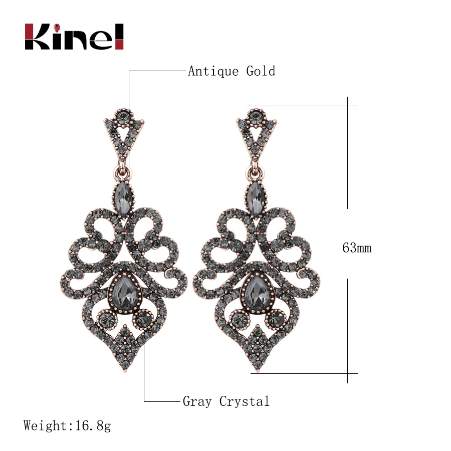 Kinel Boho Women Earrings Antique Gold Vintage Drop Earrings Gray Crystal Flower Ethnic Turkish Jewelry