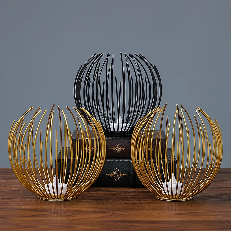 European Modern Black Gold Hand Painted Metal Wire Around Home Tabletop Iron Tea Light Candle Holder