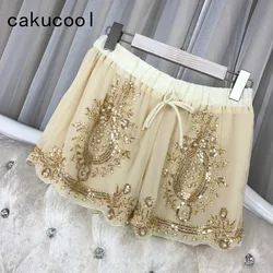 Cakucool-pantalones cortos de gasa para mujer, Shorts de pierna ancha con cuentas florales y lentejuelas brillantes, Capris femeninos de verano