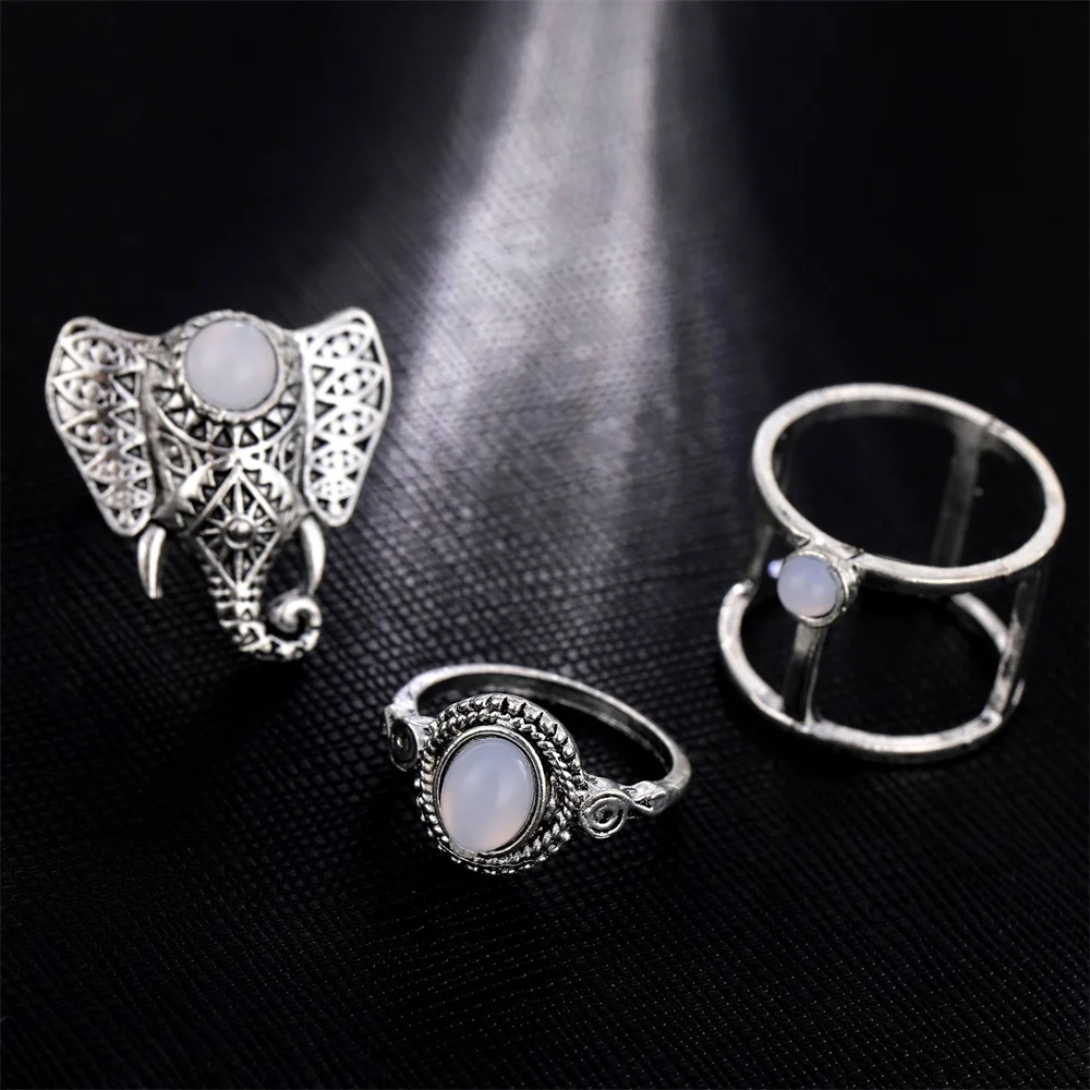 KISS WIFE 3Pcs/Set Fashion Vintage Silver Color Opals Elephant Ring Set For Women Bohemia Carving Rings New Trend Jewelry Gifts