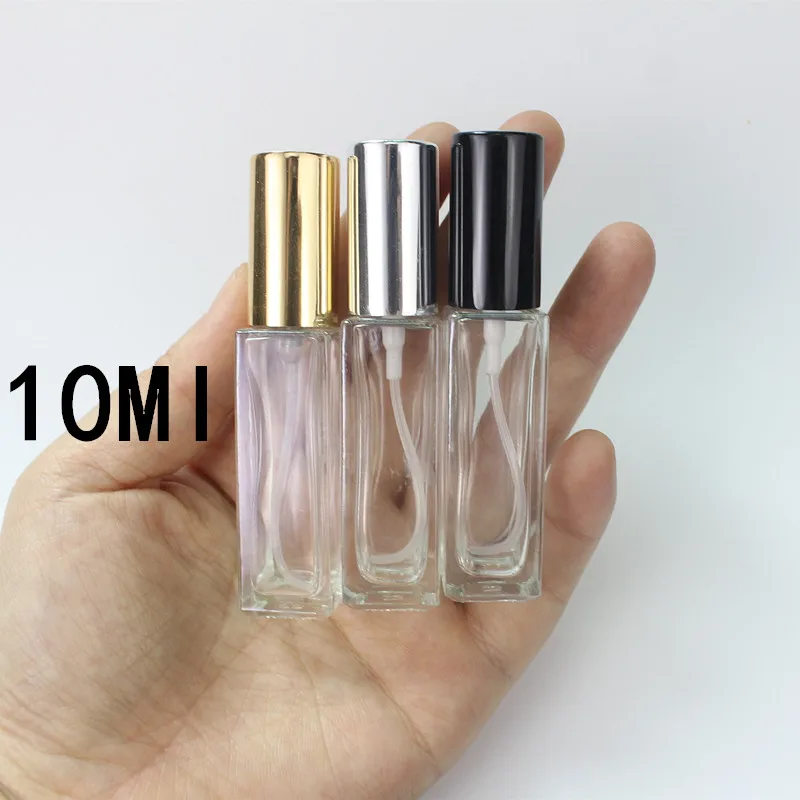 10 buah/Lot 10ml transparan kaca tipis botol semprot sampel botol kaca portabel parfum Mini Atomizer emas perak tutup hitam