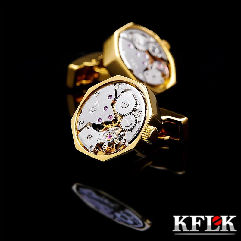 kflk gold color cufflink para homens camisa botao de punho relogio movimento ligacao de punho alta qualidade joias para convidados marca 01