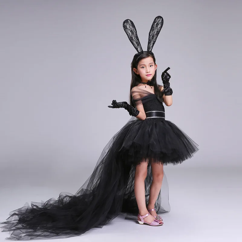 Dress+Headband+Necklace Black Handmade Girl Party Dress with Train Tulle Chiffon Baby Girl Tutu Dress Casual Baby Girl Clothes