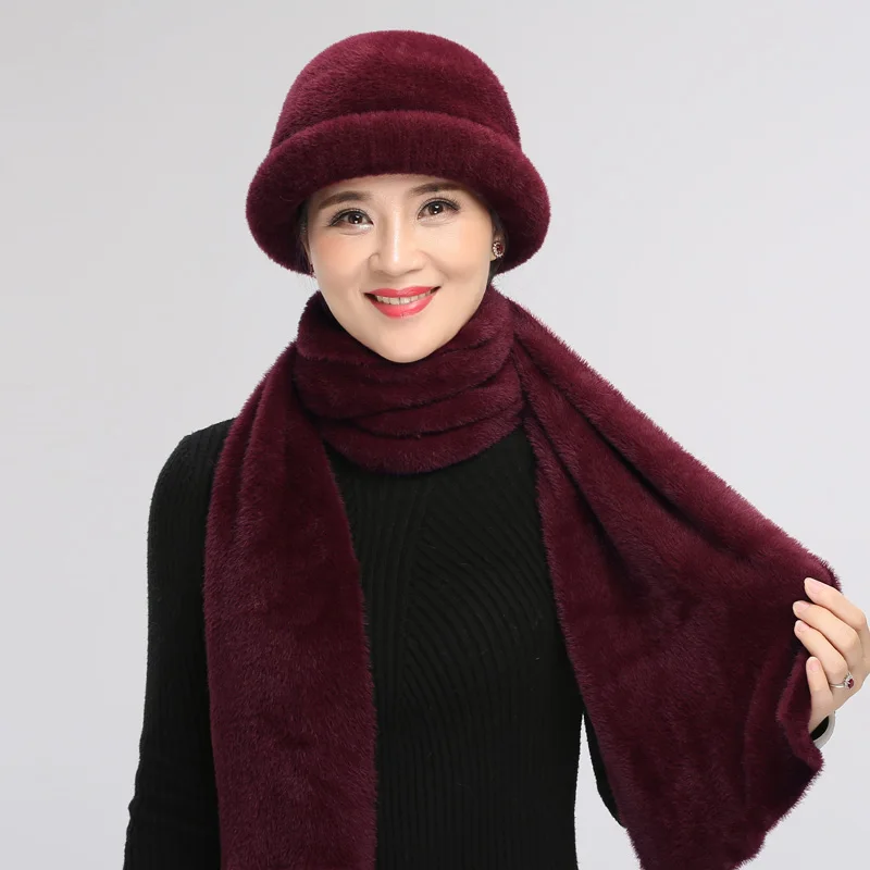 Women Middle Age Hat Winter Lady Pure Color Fashion Scarf Grandmother Mother Birthday Present Elegant Warm Scarves Cap Set H7132