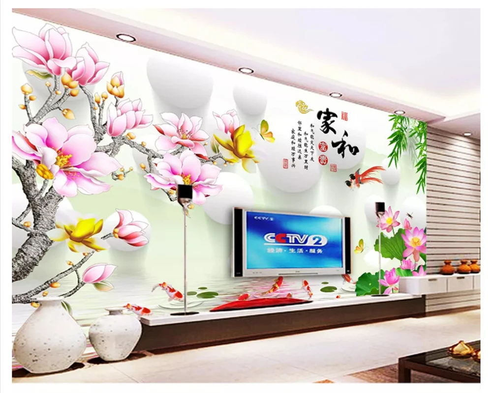 beibehang Customizable fashion stereo personality papel de parede 3d wallpaper Magnolia Nine Fish Figure stereo TV background