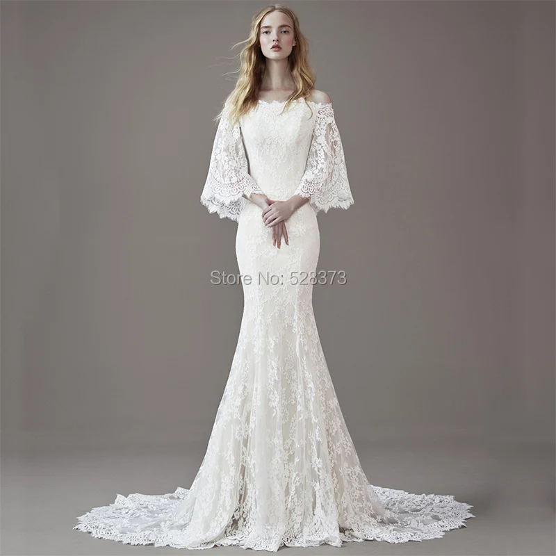 YNQNFS W10 Real Off Shoulder Flare Half Sleeves Light Boho Lace Wedding Bridal Party Gowns Formal Dress Mermaid 2018