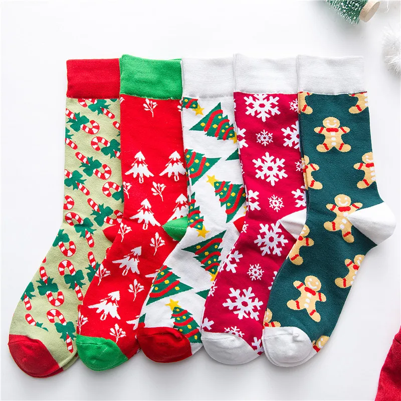 Color Funny Color Christmas Cotton Men/Women Socks of Pattern Cane Snowflake Ginger Pie Man Holiday Novelty Red Winter Fuzzy Red