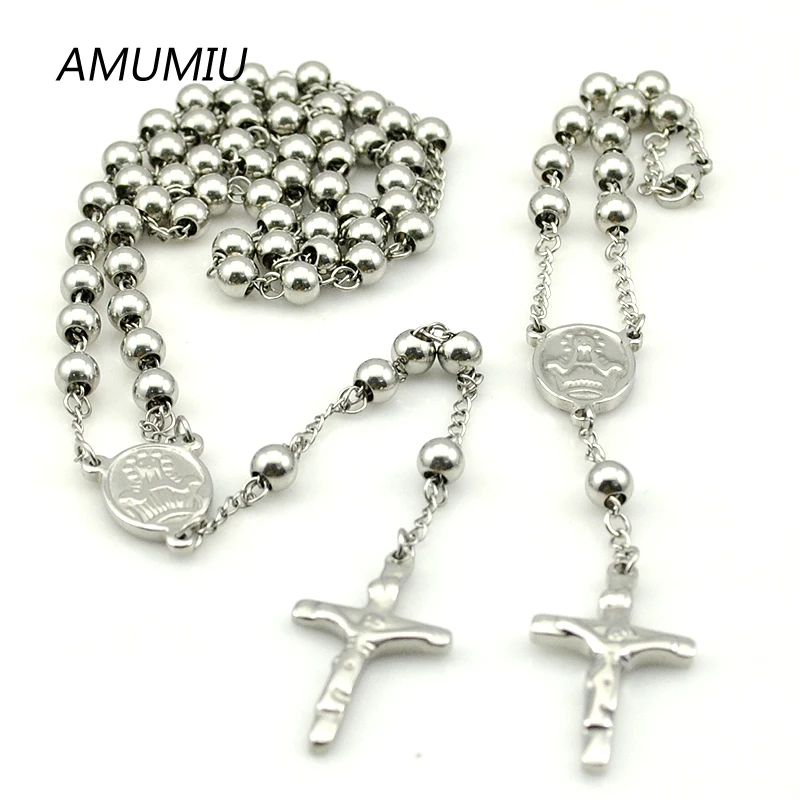 AMUMIU Stainless Steel Rosary Bracelet Necklace Sets Beads 2piece/Set Silver Color Cross Regilious Men Women Jewelry HZTZ074