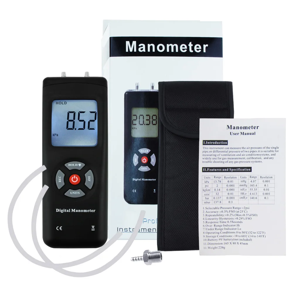 Professional Digital Manometer Portable Handheld Air Vacuum/Gas Pressure Gauge Meter 11 Units with Backlight +/-13.78kPa +/-2PSI