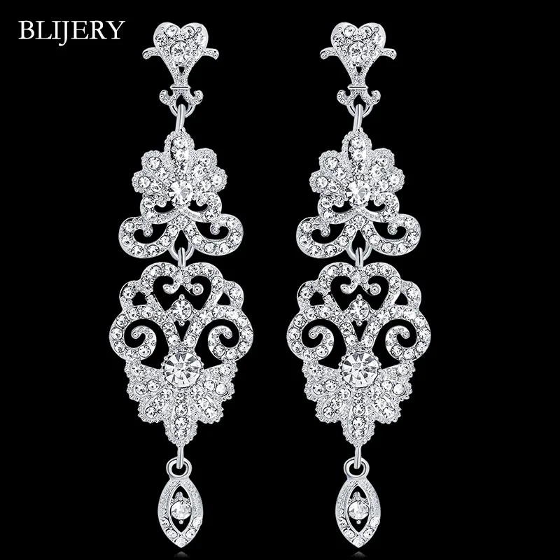 BLIJERY Luxury Chandelier Earrings for Women Silver Color Rhinestone Crystal Floral Bridal Long Earrings Bridal Wedding Jewelry