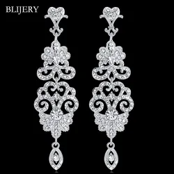 BLIJERY Luxury Chandelier Earrings for Women Silver Color Rhinestone Crystal Floral Bridal Long Earrings Bridal Wedding Jewelry