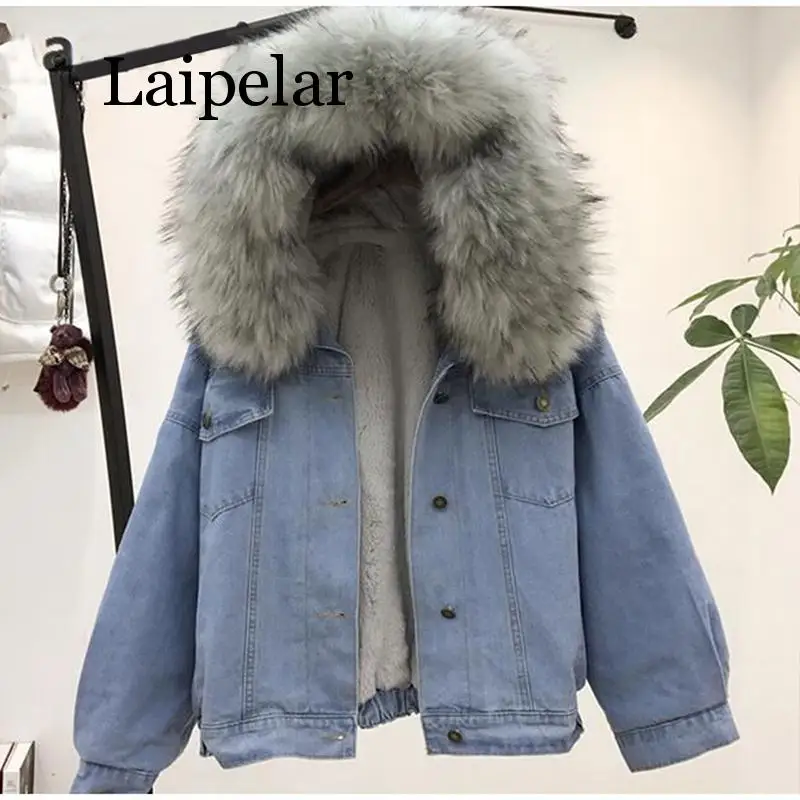 

women jean jacket Winter Thick Jean Jacket Faux Fur Collar Fleece Hooded Denim Coat Female Warm Denim Outwear