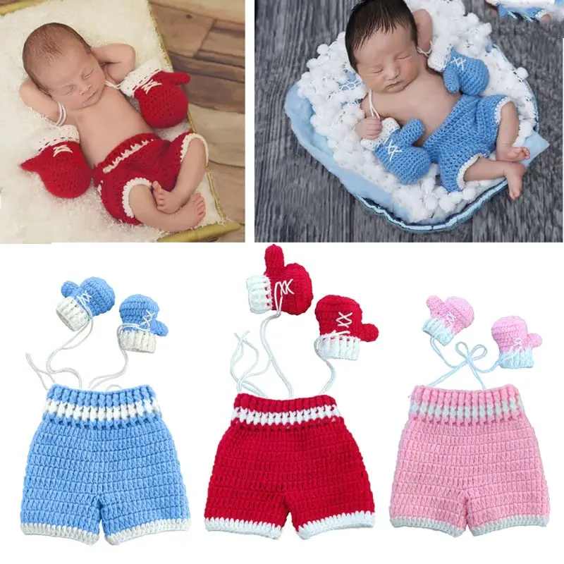 D7YD Newborn Baby Photo Photography Prop Costume Boxing Gloves Shorts Crochet Knit Clothes boxer Boxing gloves and  pants Set