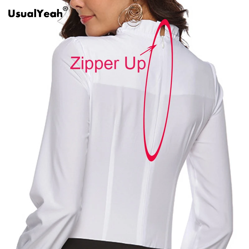UsualYeah Autumn Frilled Collar White Shirt Long Sleeve Pleated Body Shirt Elegant Top Slim Zipper Up Office Ladies Bodysuit