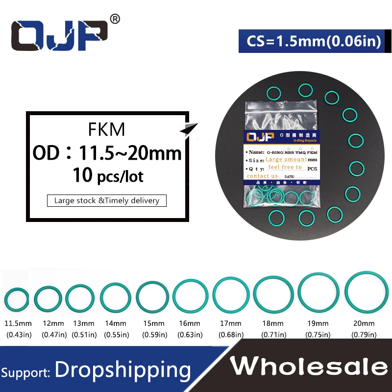 10PC/lot Rubber Ring Green FKM O rings Seals CS 1.5mm OD11.5/12/13/14/15/16/17/18/19/20mm ORing Seal Oil Gasket Fuel Washer