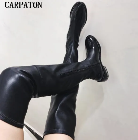 Winter hot selling sexy long boots black stretch leather flat boots woman over the knee flat boots chains decorations boots