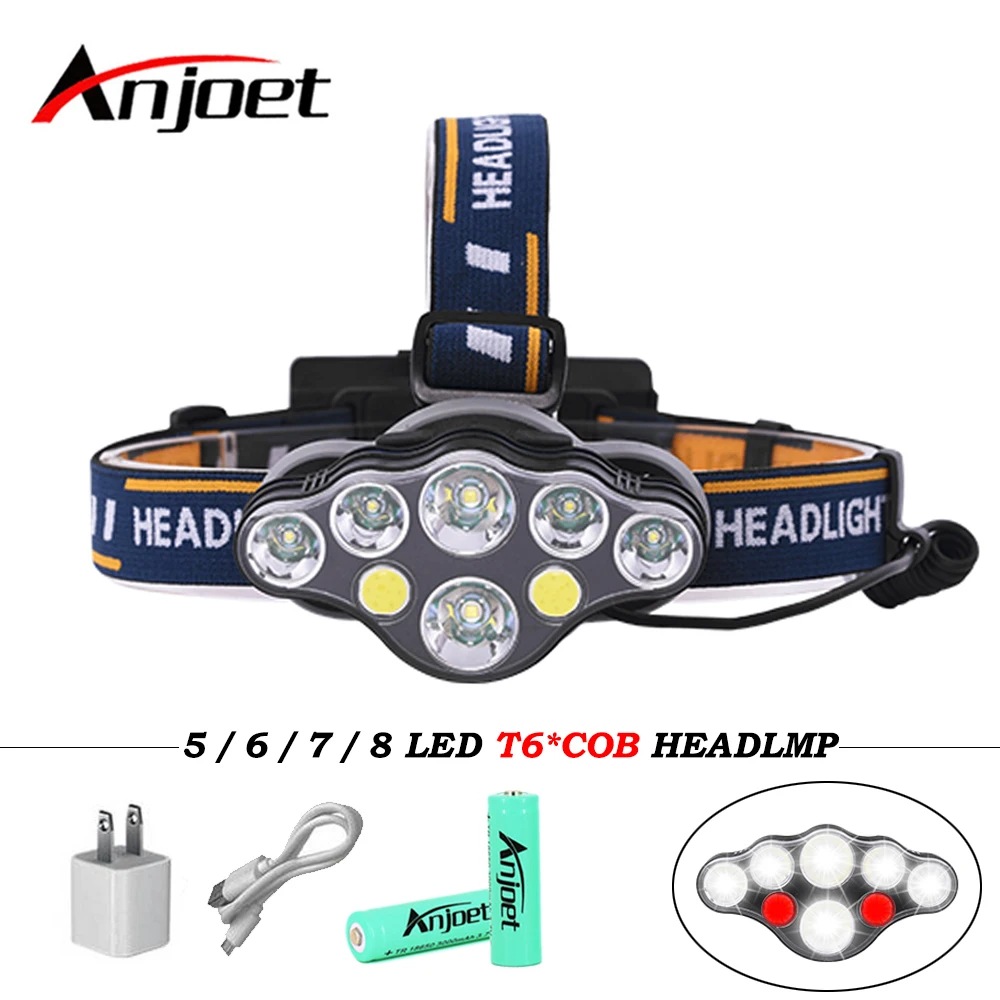 

Anjoet 8 Modes COB LED Headlamp 5/6/7/8 LED XML-T6 Headlight usb lamp for Camping Flash torch+2*18650 battery+usb cable+charger