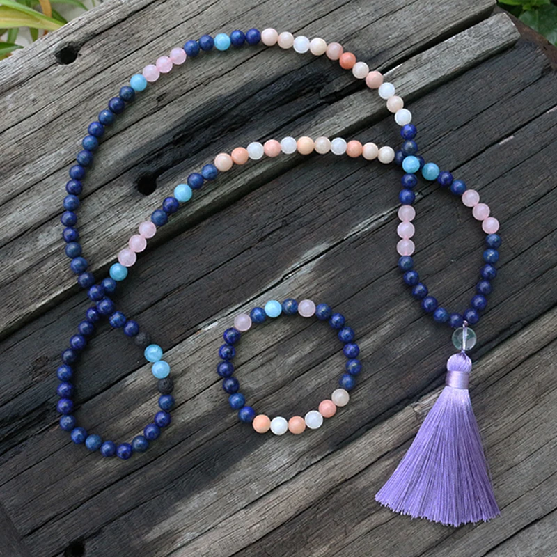 8mm Lapis Lazuli And Pink Aventurine Mala Beads Necklace, Love JapaMala, 108 Bead Mala, Mala Jewelry, Yoga Class Prayer Jewelry