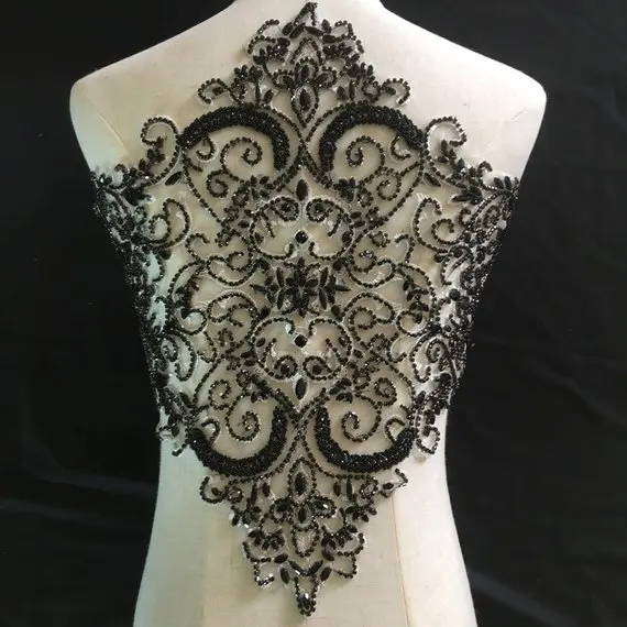 

Black Heavy Bead Bodice Applique for Bridal Dress Handmade French Lace Deluxe Rhinestone Bodice for Haute Couture