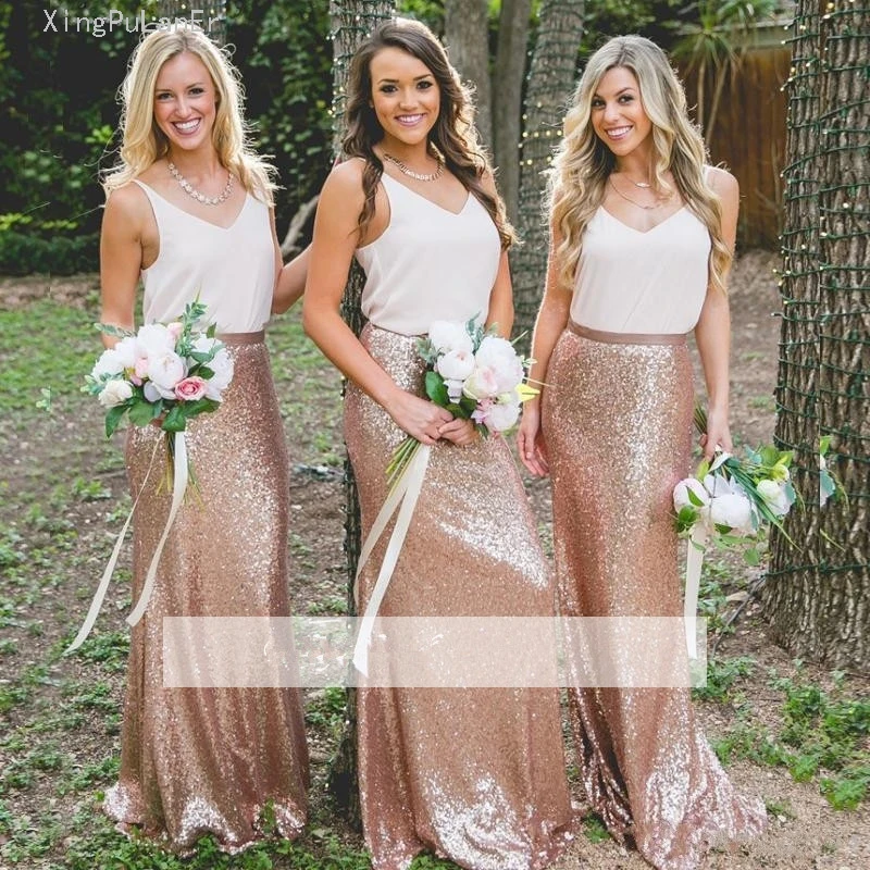 

Rose Gold 2019 Cheap Bridesmaid Dresses Sheath V-neck Chiffon Sequins Long Wedding Party Dresses For Women