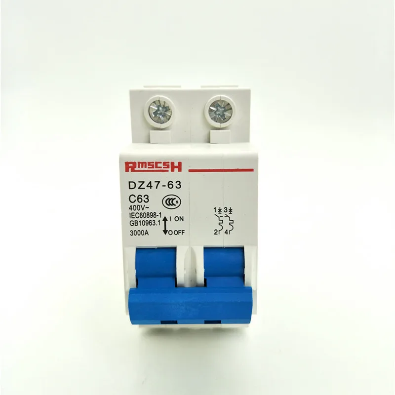 DZ47-C63 Mini Circuit Breaker Switch 2 Poles 35mm DIN Rail Household Short Protector 400V 63A 3000A