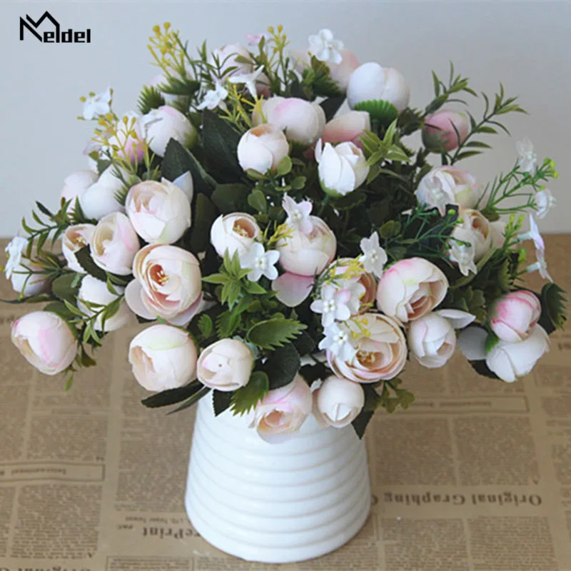 Meldel Rose Wedding Bouquet Bridal Bridesmaid Camellia Bouquet 10 Heads Artificial Silk Flowers Arrangement Home Party Decor